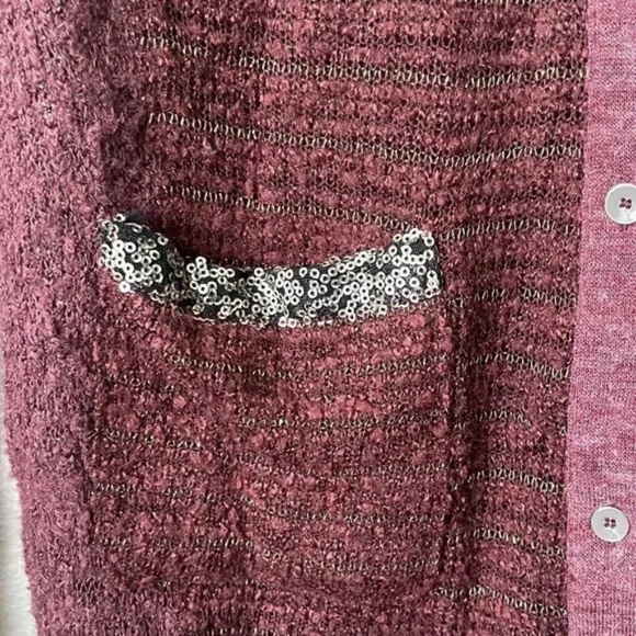 Miss Me Light Weight Button Up Cardigan Boucle Sequin Maroon SMALL - Picture 6 of 8